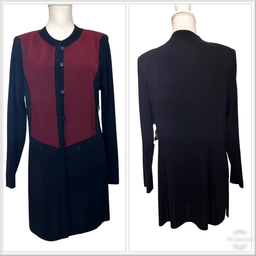 Misook Long Fine Knit Cardigan Jacket Maroon Black